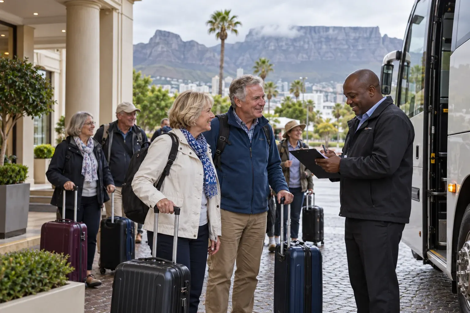 Travellers meeting their guide for a coach departure